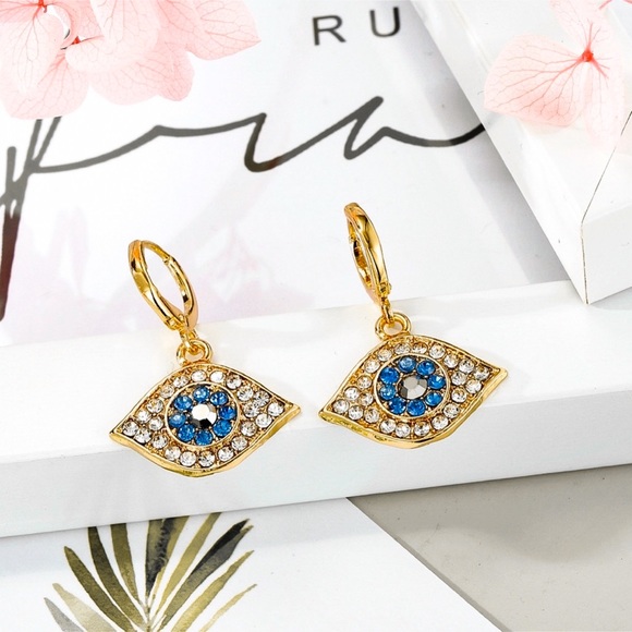 GlitzBlitz Boutique Jewelry - 2/$20!  Gold Pave Crystal Evil Eye Huggie Hoops